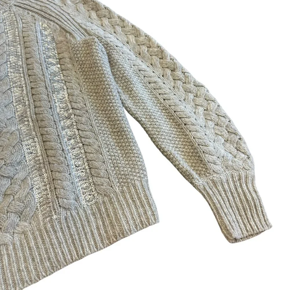 J. Crew Grey Cable Knit Pullover Sweater Crew Neck Sequin Stripe Size XS Women's